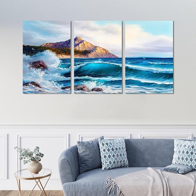 Canvas Wall Art Coastal Beach Scenery Picture Blue Ocean Waves Seascape Painting Mountain Peaks Wave Landscape Oil Painting Print Modern for Home Bedroom Framed - 20x28inchx3Pcs