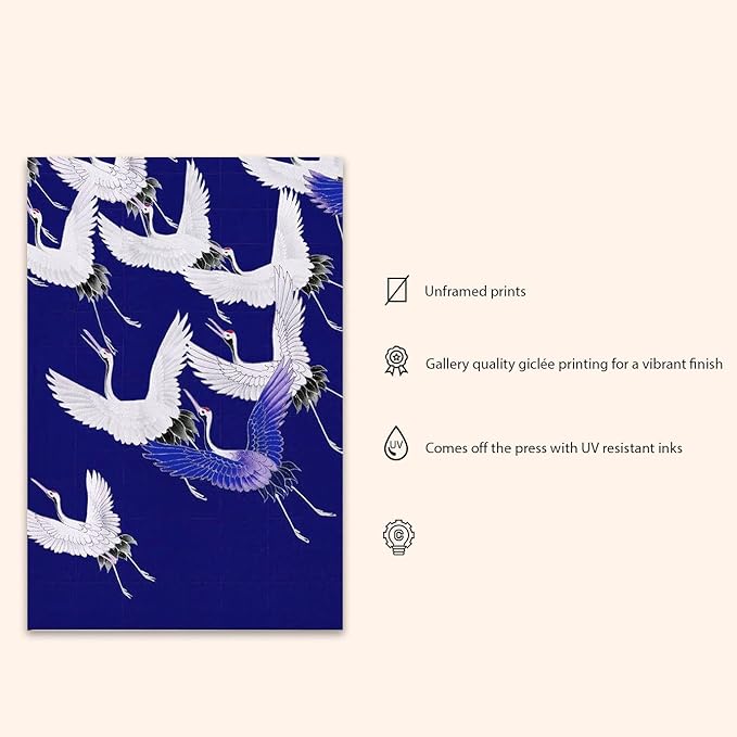 OZCONO Japanese Flying Cranes Wall Art Print, Navy Blue and White, UV-Resistant Giclée Print, Unframed (40L x 27W)