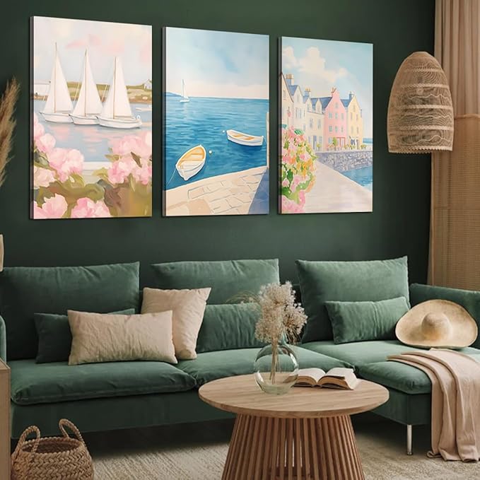 Coastal Lighthouse Canvas Ocean and Pink Roses Seaside Floral Wall Art Beach Landscape Printing Nautical Home Decor Canvas Small Boat Floating Print Framed - 24x36inchx3Pcs