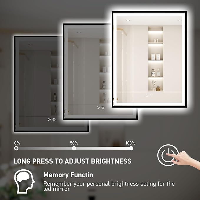 28X36 Inch Framed LED Lighted Bathroom Mirror,Backlit and Front Wall Mounted Black Metal Vanity Mirrors with Lights,Double LED Dimmable Illuminated & 3 Colors Temperature Anti-Fog Mirror