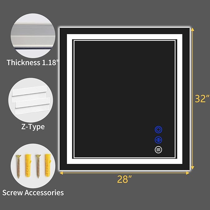 32"x28" LED Bathroom Mirror with Anti-Fog, Stepless Dimmable Lights, 3 Color Modes, Shatter-Proof Tempered Glass, Memory Function & Waterproof Design
