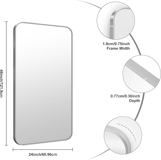 KOCUUY Silver Bathroom Mirror, 24x48 Inch Bathroom Mirror for Over Sink, HD Tempered Glass, Anti-Rust Brushed Silver Frame, Rounded Corner Modern Design for Bathroom, Hang Horizontal/Vertical