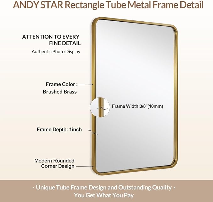 ANDY STAR Brushed Gold Mirrors for Bathroom, 24x36’’ Rounded Rectangle Mirror, Modern Brass Bathroom Vanity Mirror Non-Rusting Metal Tube Framed 1’’ Deep Wall-Mounted Mirrors Vertical/Horizontal