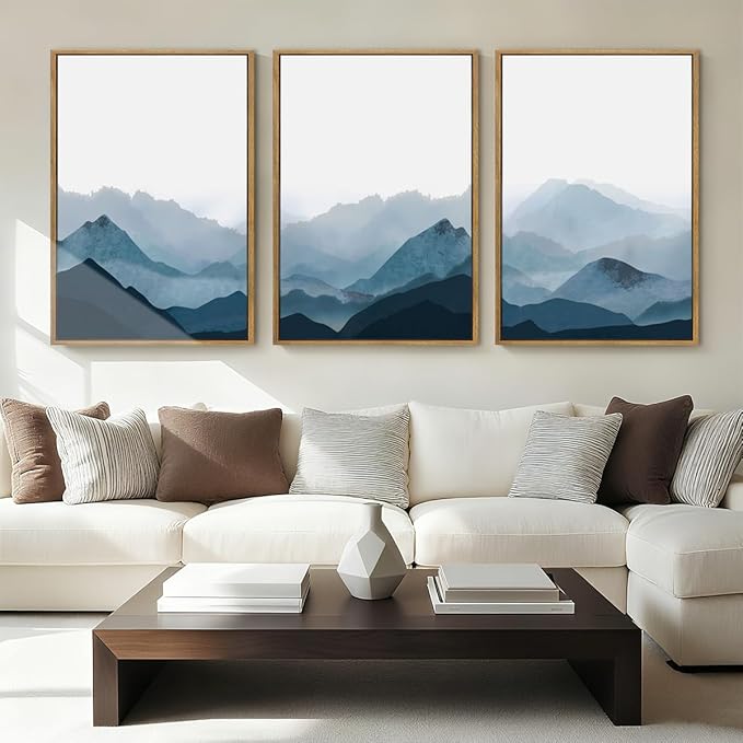 BINCUE Framed Blue Mountain Wall Decor Fog Blue Ridge Mountains Wall Art for Living Room Bedroom Office 16x24 Inches Set of 3