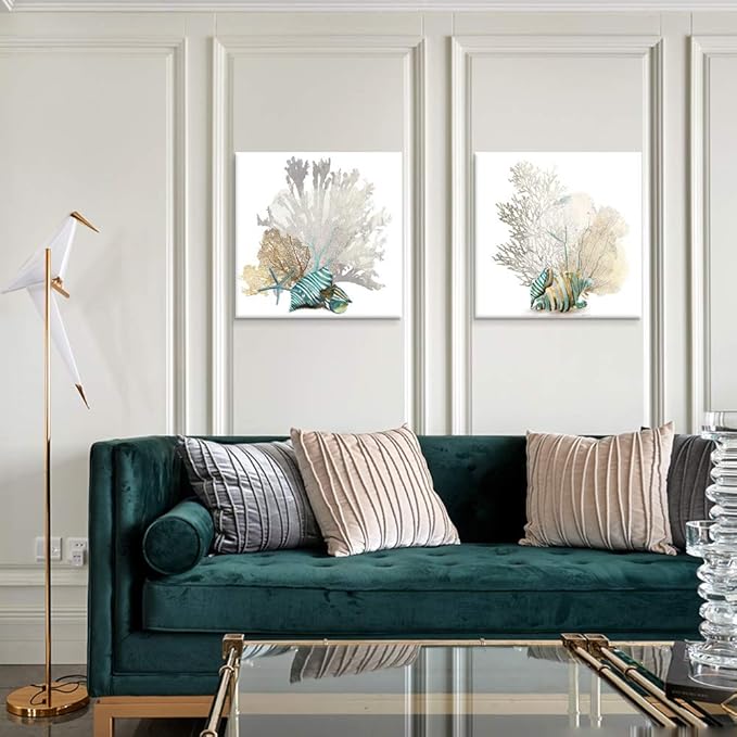 JAPO ART White Coral Wall Art Beach Bathroom Decor Sea Shell Pictures Coastal Wall Decor Sea Fan Nautical Painting Coral Pictures for Livingroom Bedroom Home Walls 16x16 x2pcs