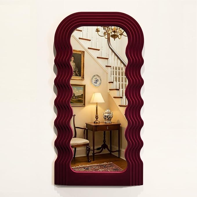 Mirror Wall Decor for Vintage Living Room Bedroom, 14x28 Asymmetrical Decorative Mirror for Entryway Porch Staircase, Retro Modern Hanging Wall Art Gift for Grandma Mom Sister (Wine Red)