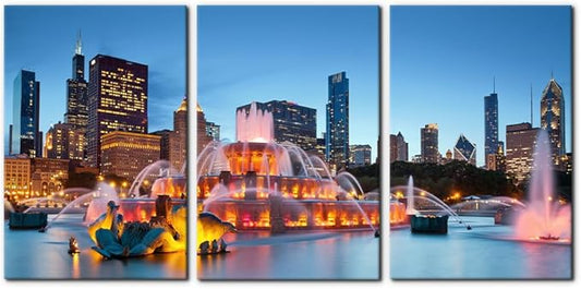 Pacimo Buckingham Fountain Canvas Wall Art Grant Park Skyline Painting Picture Wall Decor Chicago Cityscape Gallery Wrapped Posters Prints Modern Artwork for Living Room Bedroom - 16"x24"x3 Panels