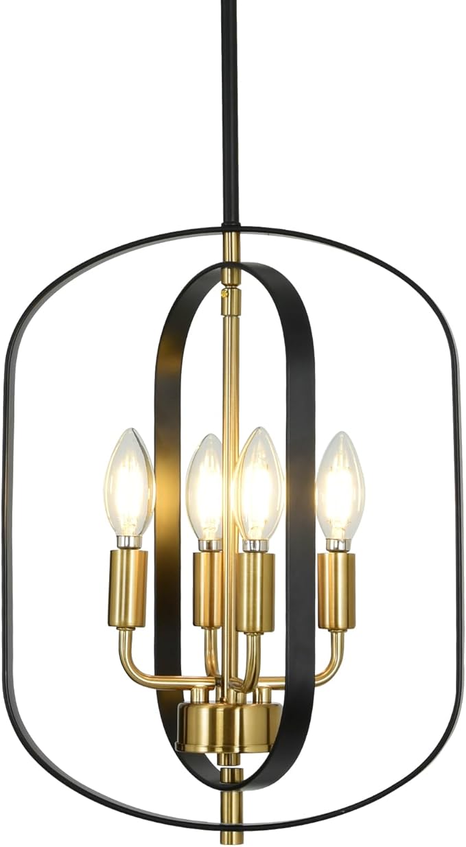 4-Light Black and Gold Chandeliers Modern Farmhouse Pendant Lights Kitchen Island Adjustable Height Small Entryway Chandelier for Dining Room Living Room Bedroom Foyer E12 Base