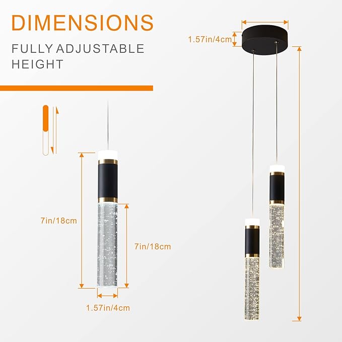 Led Pendant Light,Crystal Modern Kitchen Island Light Fixture,Adjustable Pendant Lighting for Kitchen Island,Black Gold Led Chandelier for Dining Room,Bedroom,Mini Pendant Spot Lights (2-Light)