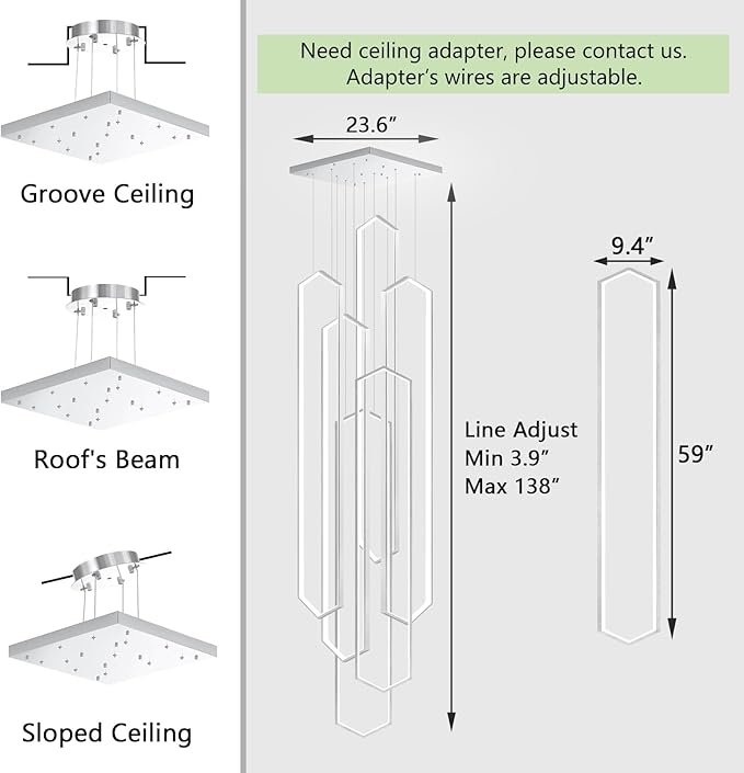 6 Rings Sliver Modern Large Chandelier Dimmable LED High Ceiling Chandelier for Living Room Foyer Modern Hanging Ceiling Light