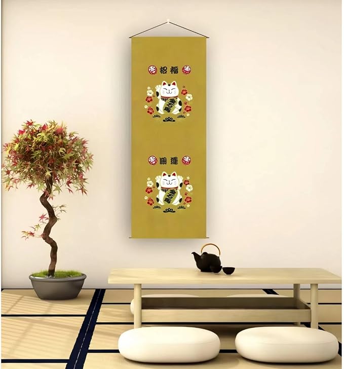 Japanese Tapestry Scroll Wall Art - Good Fortune Feng Shui & Lucky Symbols | W15.7xH47.2", Extra Long Vertical Hanging Decor for Bedroom, Living Room, Office | Washable Fabric (Beckoning Cat) CTT-129