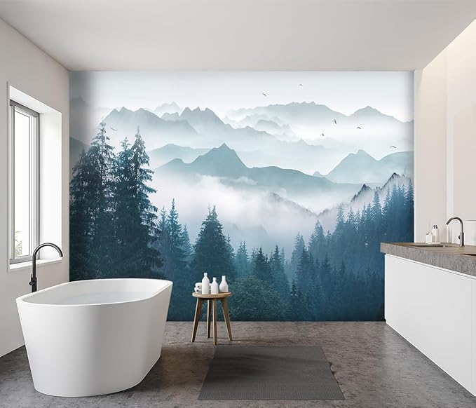 -Foggy Forest Pine Scenery Fabric Wallpaper Living Room Bedroom Bathroom Mountain Wall Mural- 91"x65"（ not Peel and Stick）