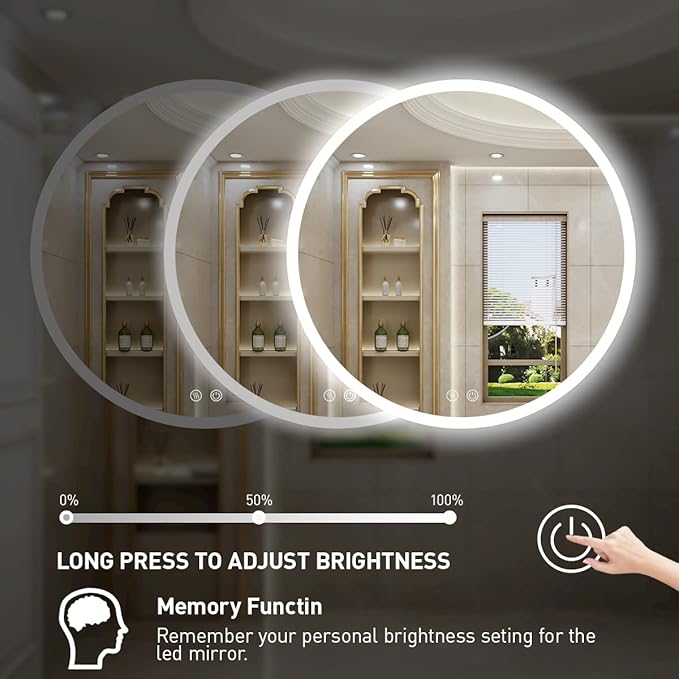 36 Inch Round LED Bathroom Mirror - 6000K Daylight Backlit, Anti-Fog & Dimmable, Frameless Waterproof Mirror with Touch Control, CRI90+, IP54 for Vanity & Makeup