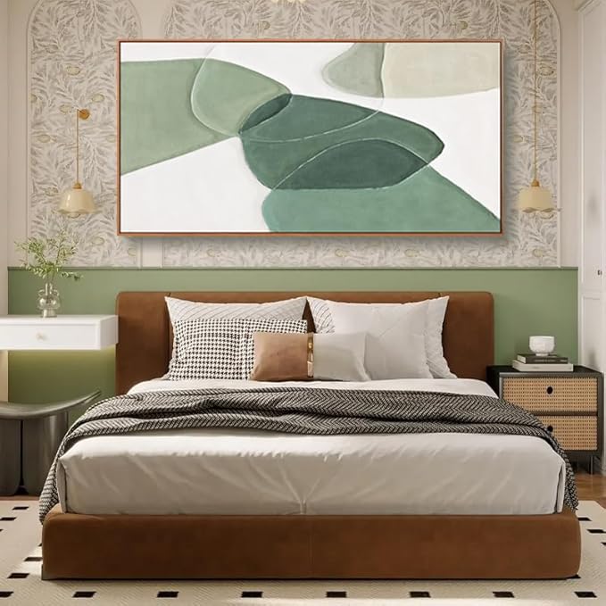 Modern Wall Art Large Geometric Green And White Geometric Color Block Line Art Painting Artwork Canvas Simple Picture Textured Artwork Framed For Living Room Bedroom Office Home Decor 29"X 58"