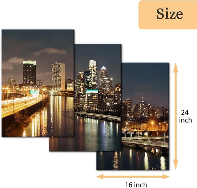 Pacimo - Cityscape Canvas Wall Art - Philadelphia Skyline with Urban Architecture - Modern Artwork Painting Prints for Home Decor Gallery Wrapped Stretched and Framed Ready to Hang - 20"x28"x3 Panels