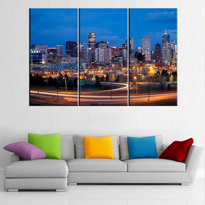 3 Pieces Wall Art Painting Denver Skyline Long Exposure at Night Pictures Prints On Canvas Cityscape The Picture Decor Oil For Home Modern Decoration Print Ready to Hang - 40‘’ x 20‘’ x 3 panels