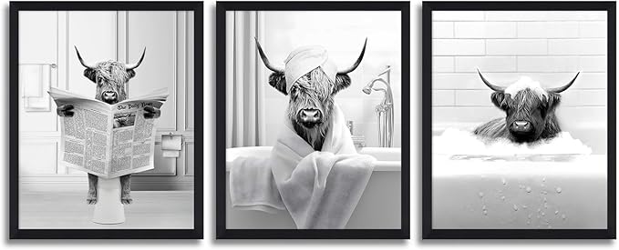 KBKBART Funny Highland Cow Wall Art Set of 3, Rustic Farmhouse Bathroom Cow Pictures Wall Decor Painting, Brown Cute Cow Animal Canvas Posters Prints for Bathroom Restroom Home Decor Framed 8x10 Inch