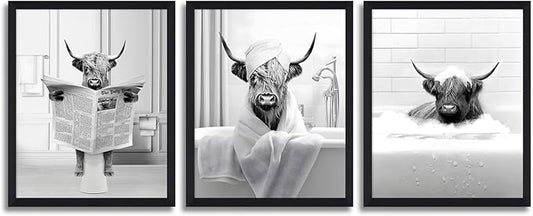 KBKBART Funny Highland Cow Wall Art Set of 3, Rustic Farmhouse Bathroom Cow Pictures Wall Decor Painting, Brown Cute Cow Animal Canvas Posters Prints for Bathroom Restroom Home Decor Framed 8x10 Inch