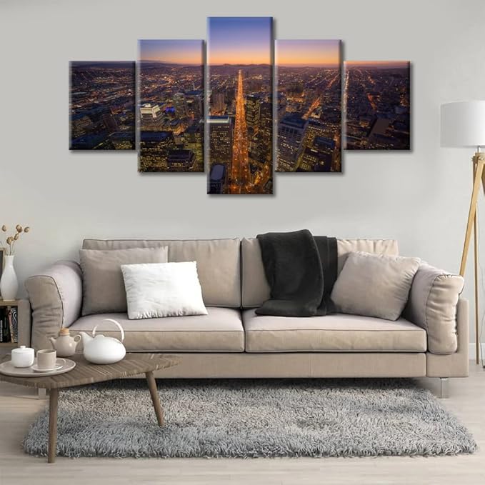 American Cityscape Wall Decor San Francisco Skyline Wall Art Posters and Prints Bedroom 5 Pieces City Night Light Pictures Wall Decor Living Room Giclee Print Gallery Packaging Artwork (60"Wx32"H)