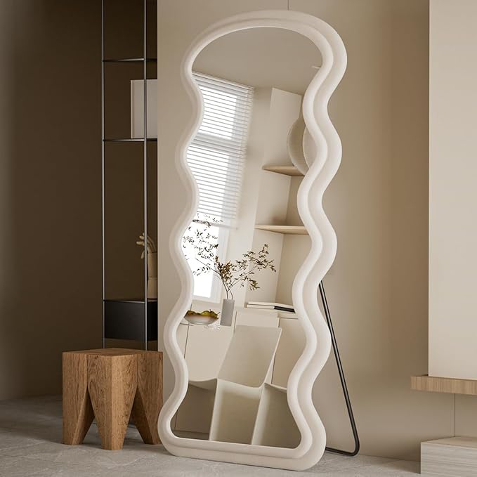 Koonmi 63"x24" Irregular Mirror Full Length, Large Full Body Freely Standing Mirror, Flannel Wave Floor Mirror with Stand for Bedroom, Living Room, Hanging or Against The Wall, White