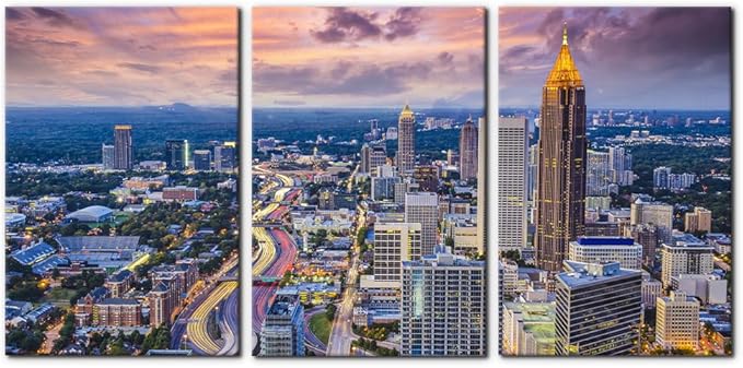 Pacimo Atlanta Cityscape Wall Art Painting Georgia City Skyline Pictures Print on Canvas for Home Decoration Downtown Skyscrapers Painting Stretched and Framed Ready to Hang - 16"x24"x3 Panels