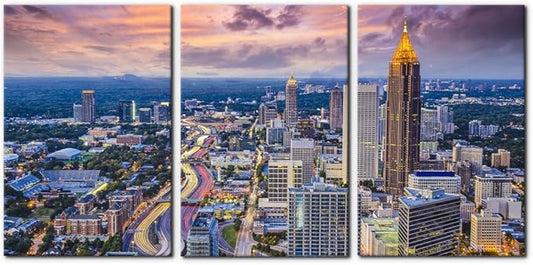 Pacimo Atlanta Cityscape Wall Art Painting Georgia City Skyline Pictures Print on Canvas for Home Decoration Downtown Skyscrapers Painting Stretched and Framed Ready to Hang - 16"x24"x3 Panels