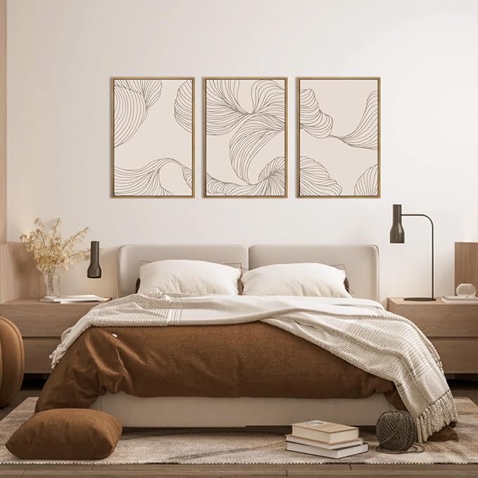 BINCUE Framed Neutral Beige Wall Art Modern Abstract Art Decor Minimalist Artwork for Living Room Bedroom Office 16x24 Inches Set of 3