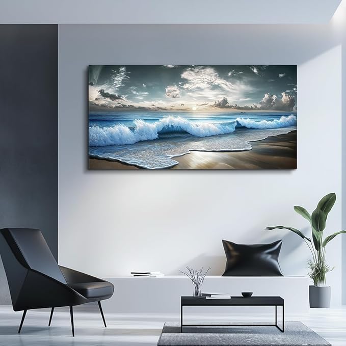 MHARTK66 Blue Ocean Canvas Wall Art Large Paintings For Living Room Landscape Nature Artwork For Walls Beach Wall Decor For Bedroom Wall Art Waves Pictures For The Dining Room Easy Hanging 20x40