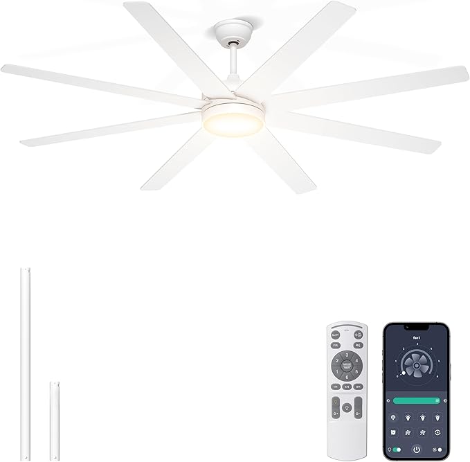 72 Inch Large Ceiling Fans with Lights, 8 Blades White Ceiling Fan Remote/APP Control, Dimmable, Reversible Big Ceiling Fan for Indoor/Covered Outdoor
