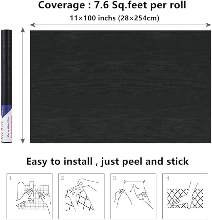Arthome Peel and Stick Wallpaper - Black Wood Contact - Black Wallpaper - Self-Adhesive & Removable Wall Paper for Countertop Furniture Kitchen, Countertop Contact Paper, Easy to Clean, (11"x100")