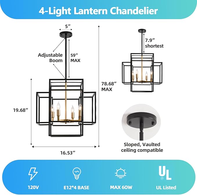 4-Light Black and Gold Chandeliers, Foyer Lighting Fixtures for High Ceilings, Farmhouse Chandeliers for Dinning Room Entryway Staircase, Rectangular Pendant Light for Kitchen Island