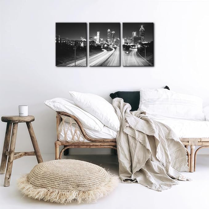 Pacimo Atlanta Night View Canvas Wall Art, Set of 3 Framed Painting Prints, Jackson Street City Skyline Pictures Modern Wall Decor for Living Room Bedroom Office Ready to Hang - 12"x16"x3 Panels