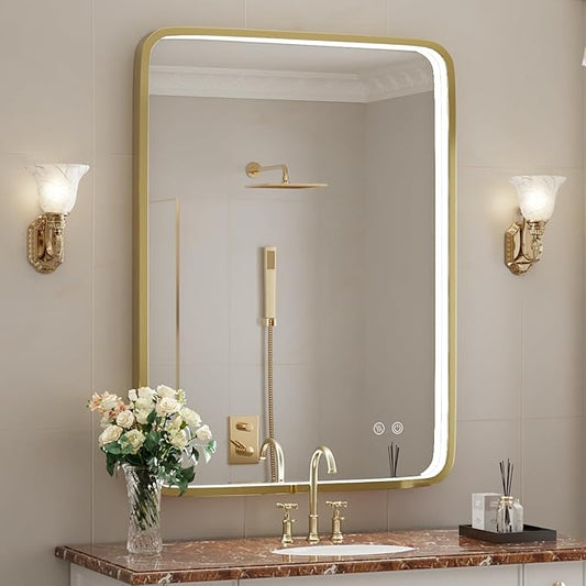 24X32 Inch LED Bathroom Mirror with Lights,Gold Framed Wall Mounted Lighted Vanity Mirrors,Anti Fog Design&Dimmable&Touch Switch,Light up Mirror (Horizontal/Vertical)