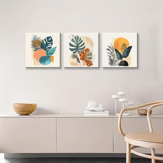 NAN Wind 3 Panels Modern Abstract Tropical Canvas Wall Art Colorful Leaf Prints Contemporary Botanical Art for Living Room Minimalist Plant Decor Geometric Palm & Monstera Leaf Paintings Home Decor