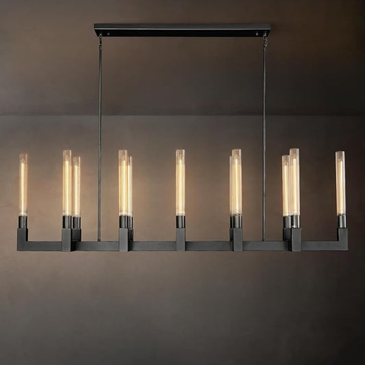Black 12-Lights Modern Chandelier with Glass Tube, 54in Chandeliers Rectangular Luxurious Large Chandelier Fixture Ceiling Pendant Lighting for Dining Living Room, Foyer