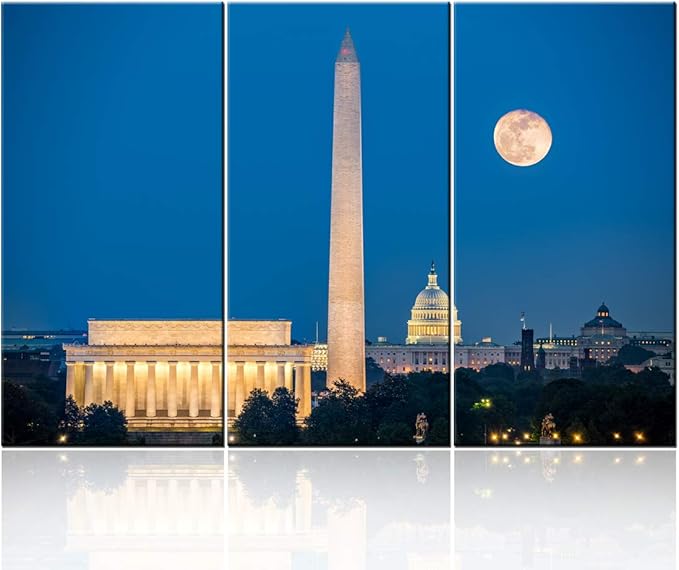 Lincoln Memorial, Washington Monument and Capitol Building in Washington DC, USA Print On Canvas Wall Artwork Modern Photography Home Decor Unique Pattern Stretched and Framed - 28‘’x14‘’x3 panels