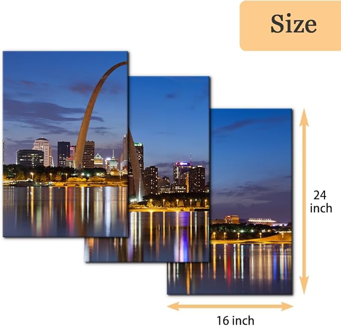 Pacimo Canvas Wall Art for Home Decor St. Louis Skyline Poster Wall Decor Gateway Arch at Sunset Canvas Prints Pictures Cityscape Modern Artwork Stretch and Framed Ready to Hang - 16"x24"x3 Panels