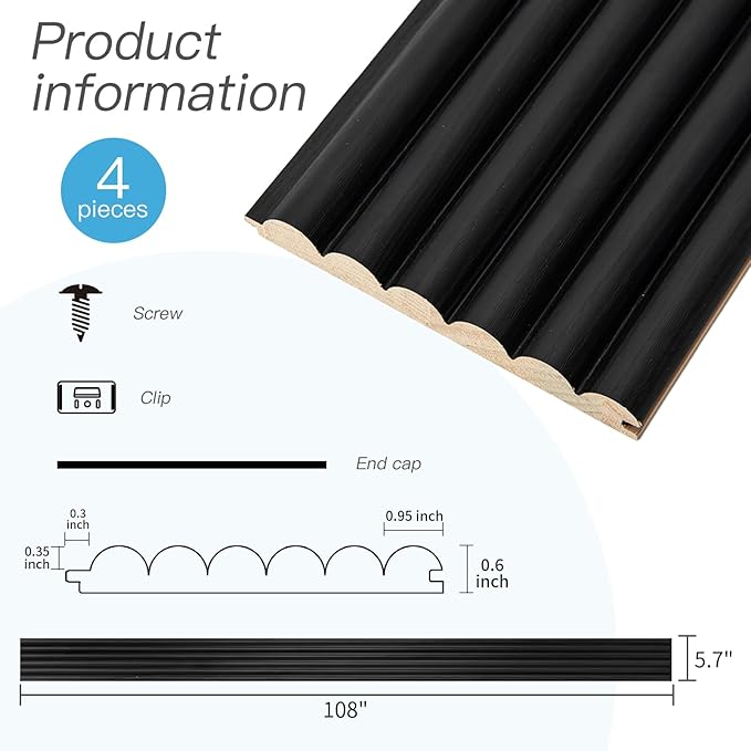 Art3d Fluted Wood Panel for Wall and Ceiling, Beaded Accent molding for Home Decoration, Pack of 4pcs + 1pc End-Trim, Size 108 x 5.7in.- Beaded Black