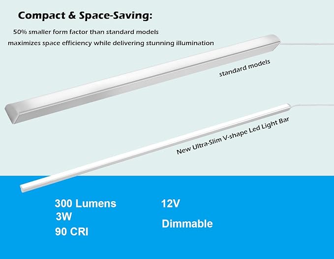 Cefrank V-Shape Under Cabinet Lighting Kit - 4pcs Sleeker 12" Dimmable LED Light Bars for Showcase Shelf Seamless Illumination - 1200lm, 12W - Pure White (6000K)