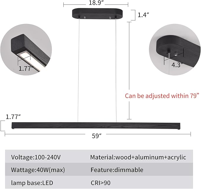 59'' Led Pendant Light 40w Dimmable with Remote Wood Linear Pendant Lighting Led Modern Chandelier Island Light with Black Finish for Living Room Dining Room Billiard & Pool Lights Black