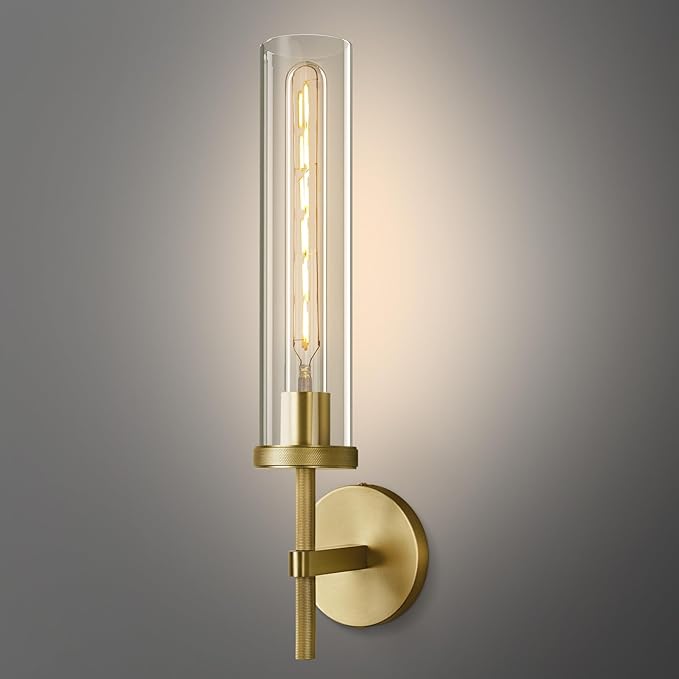Antique Gold Wall Sconce 19.48" Modern Luxe Wall Lighting with Clear Glass Tube, Living Room Bedroom Bathroom Mirror Sconces, Staircase Decor Hallway Lamp Fixture(Including Bulb)