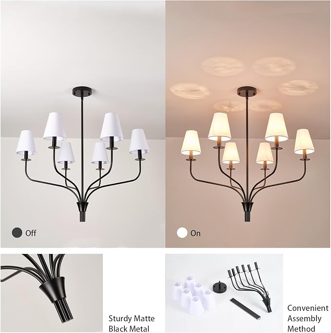 30" Modern Black Chandelier for Dining Room - 6-Light Pendant Lighting Fixture with White Fabric Shade, Mid Century Ceiling Light for Living Room Bedroom Kitchen Island, E12