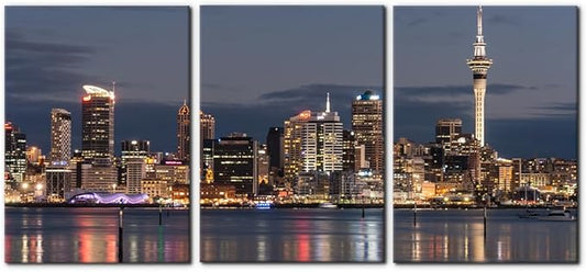 Pacimo Auckland Cityscape Wall Art - Framed Canvas Painting Prints with City Night Skyline Design - Perfect for Modern Artwork Home Decor Wall Decor for Living Room Bedroom Office - 20"x28"x3 Panels