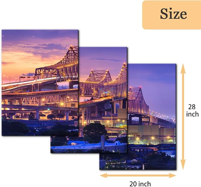 Pacimo Canvas Print Wall Art Set New Orleans Cityscape Modern Walls Decoration for Living Room Bedroom Office Crescent City Connection Bridge Pictures Painting Framed Ready to Hang - 20"x28"x3 Panels