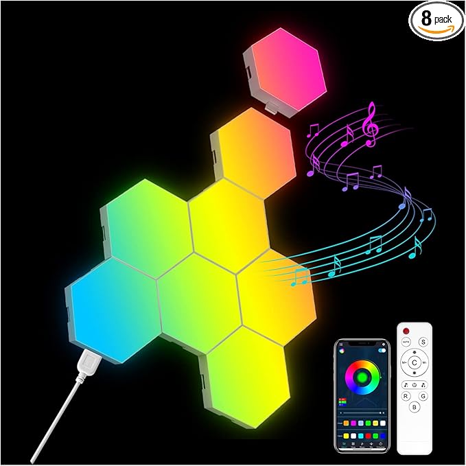 OJQ 8 Pack Hexagon Lights Wall RGB Panel - Hexagonal Led Lights Room Decor Wall Lights Smart APP Music with Sync Honeycomb Shape Panels Hexagon Gaming Night Lights for Bedroom Children