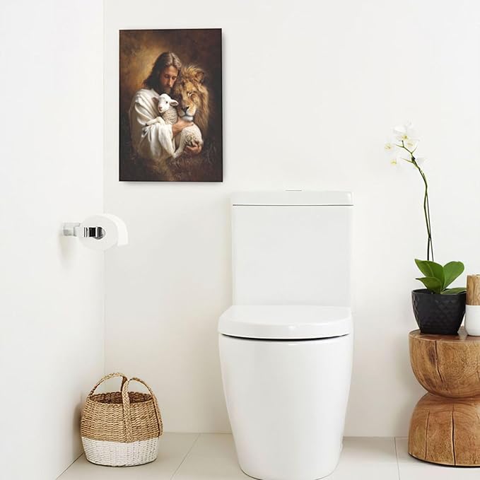 Jesus Lion Lamb Wall Art Christian Jesus Wall Decor Lion of Judah Pictures Religious God Canvas Painting Print Christ Artwork Decoration for Living Room Bedroom Church Framed Gifts 16”X24”