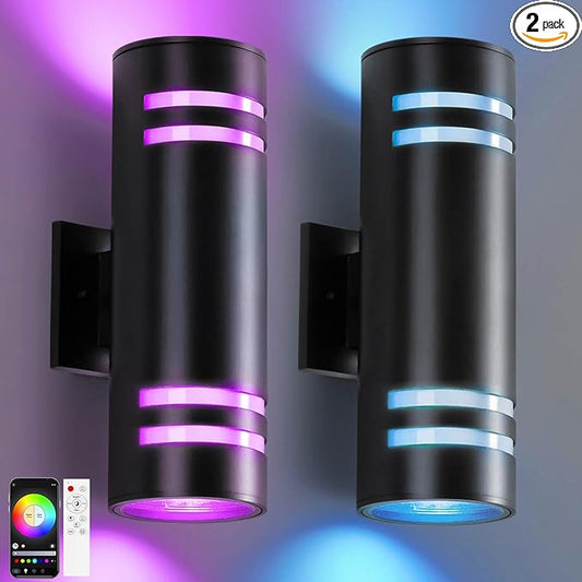 KIZON Smart Porch Lights 2 Pack, Modern Dusk to Dawn Outdoor Wall Lights Color Changing, Dimmable RGB Exterior Sconce Up and Down Light, Outside Lights for House Garage, Works with Alexa, ETL Listed