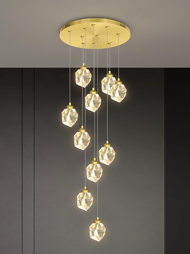 10-Lights Gold Crystal Chandeliers for Living Room 120 inches Long Staircase Chandelier Foyer Entrance Crystal Ceiling Light High Ceiling Chandeliers LED Dimmable 3000-6000K