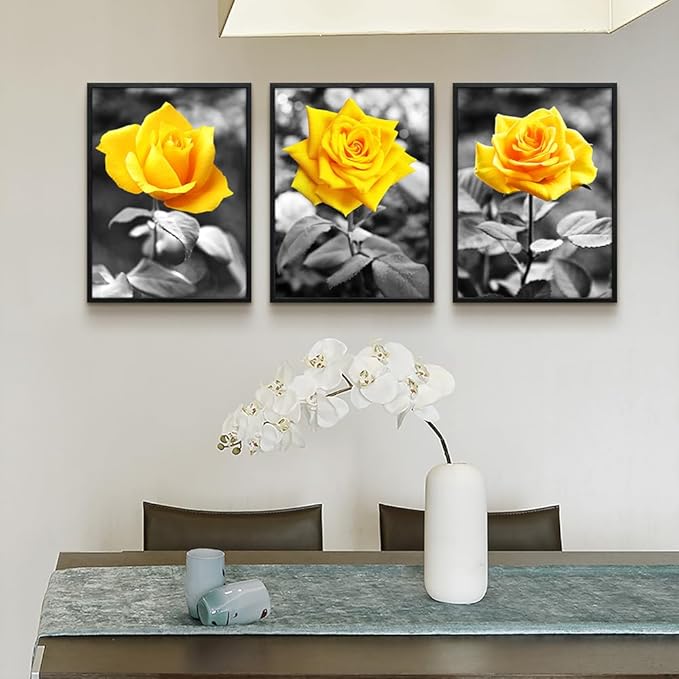 Black Framed Wall Art For Bedroom Living Room Wall Decor For Kitchen Office Decor Black And White Artwork Pictures Yellow Rose Flowers Wall Painting Modern Room Home Decor 3 Piece Framed Art Prints