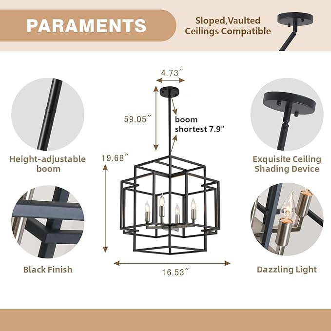 4-Light Metal Lantern Tiered Pendant Hanging Light Fixtures, Industrial Farmhouse Chandeliers for Entryway, Dinning Room Chandelier for Kitchen Island Foyer Hallway, Black & Brushed Nickel
